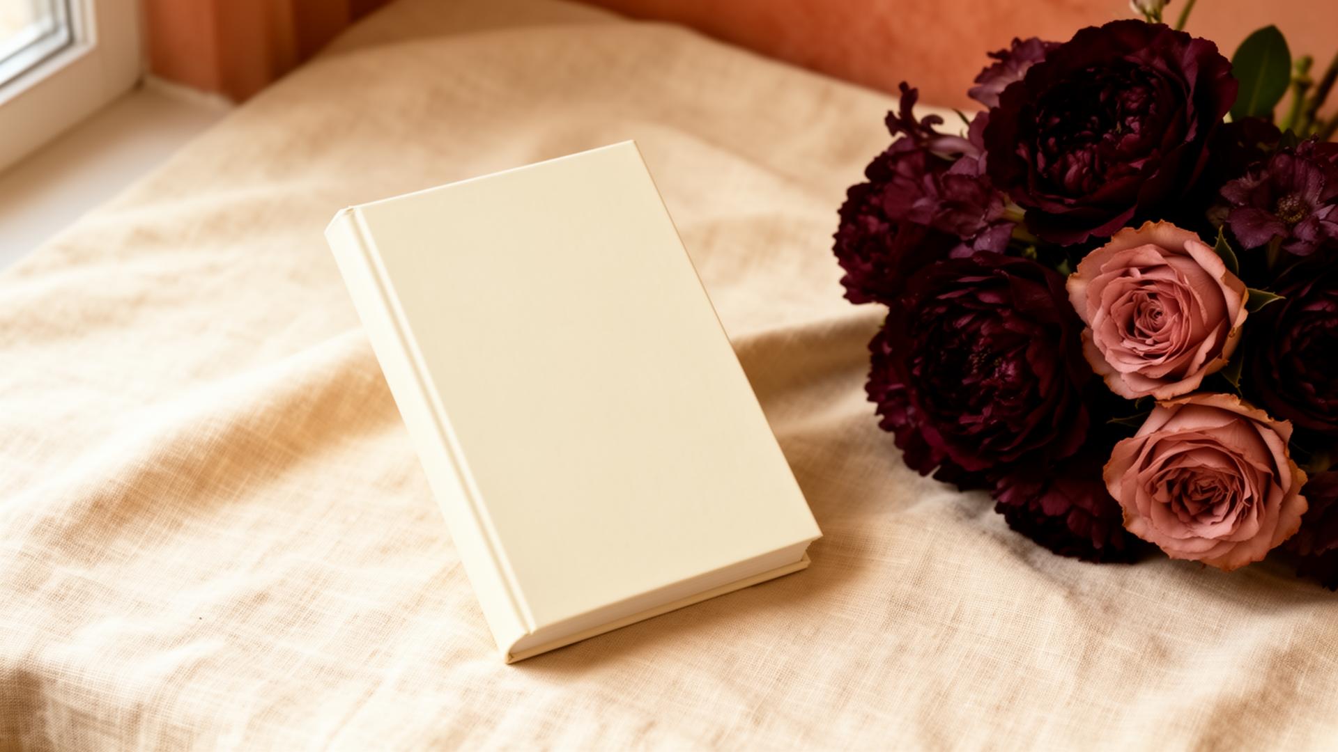 The book on a cream linen surface beside burgundy roses